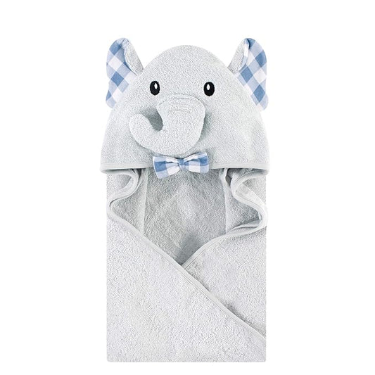 Hudson Baby Unisex Baby Cotton Animal Face Hooded Towel, Gingham Elephant, One Size