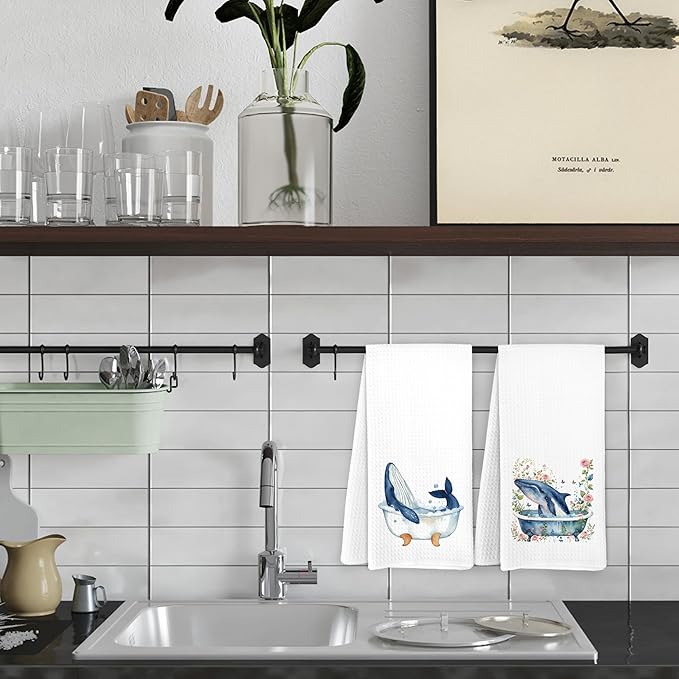 Coastal Beach Whale Kids Bathroom Hand Towels, Kids Bathroom Decor, Ocean Humpback Whale Hand Towels for Bath Room Washroom Restroom Decor, 16x24 Inch Set of 2