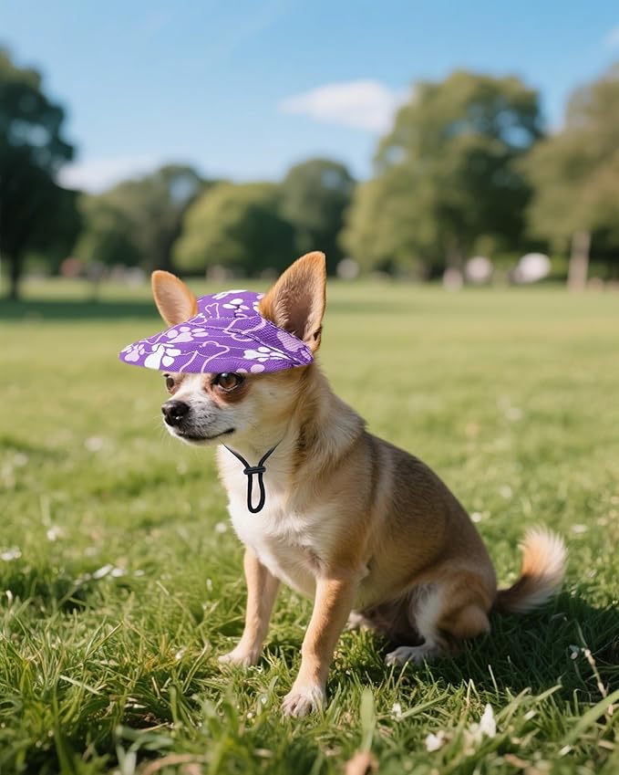 PET SHOW Dog Baseball Cap Paw Print Dog Visors for Small Doggy Cats Waterproof Pet Sun Hats with Ear Holes Adjustable Drawstring Girl Puppy Hat -Purple/S