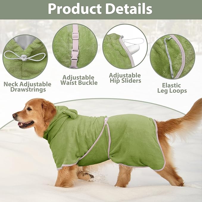 Dog Bathrobe Super Absorbent Towel Robe - Microfiber Bath Towels Fast Drying Coat for Dogs, Cute Dogs Clothes Adjustable Collar & Belly Strap Warm Keeping Hooded Dog Towel (Olive Green, Medium)