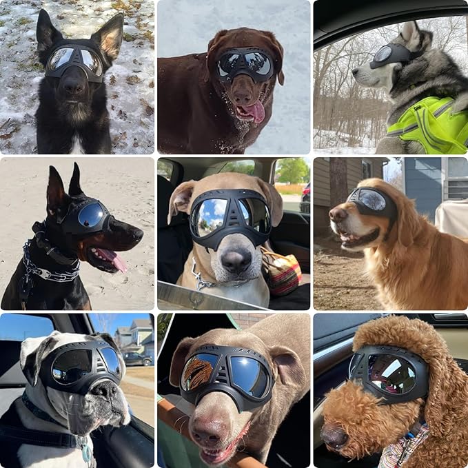 PETLESO Large Dog Goggles, Windproof Snowproof Anti-UV Dog Sunglasses for Medium to Large Breed Eye Protection, Soft Frame with Adjustable Straps, Black