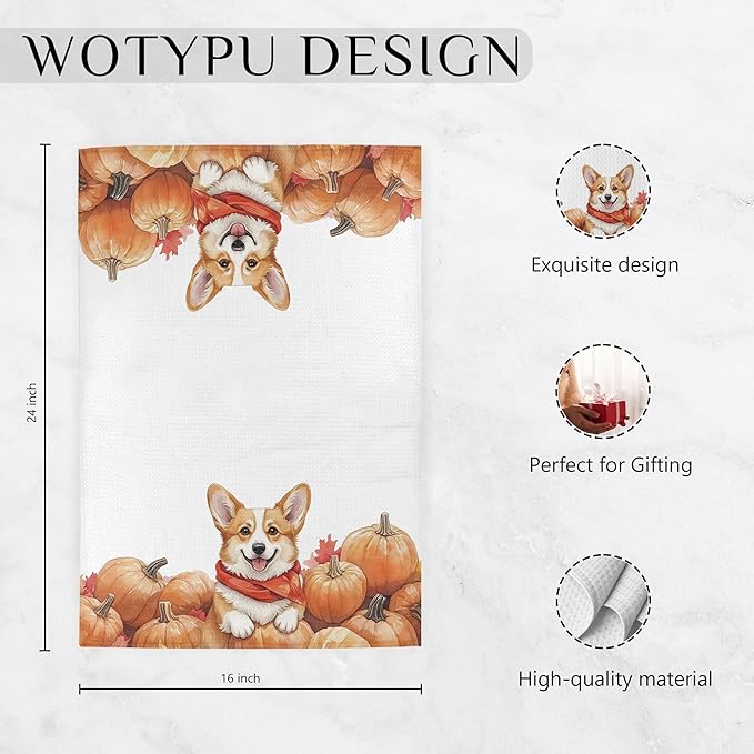 Fall Corgi Gift Kitchen Towels, Corgi Lover Gifts Dish Tea Towel for Kitchen Decor, Farmhouse Fall Autumn Maple Leaf Dog Hand Towels for Bathroom Decor,16X24 Inch