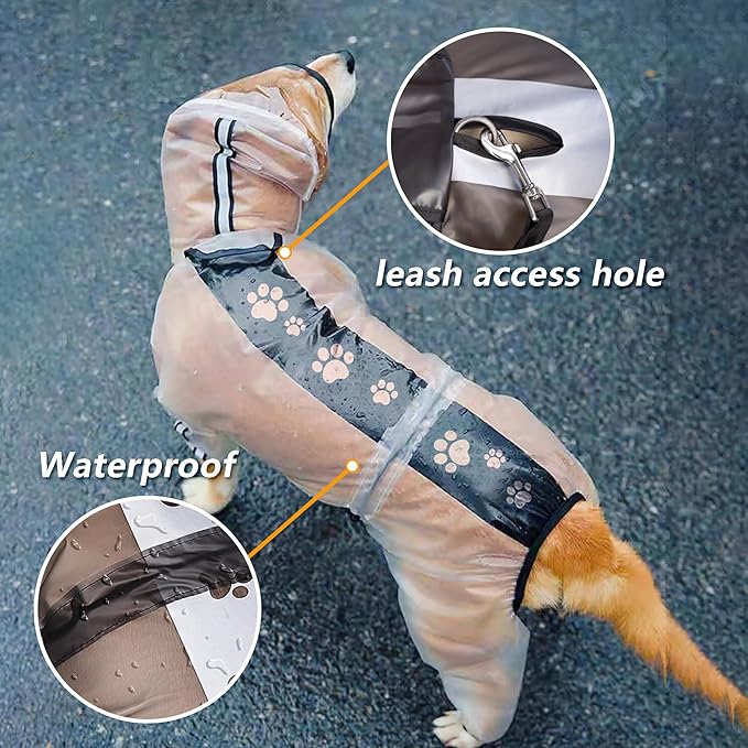 Olsa Dog Raincoat, Dog Hooded Slicker Poncho, 4 Legs Rain Jacket with Reflective Stripe, Water Proof Rain Snow Clothes with Hood for Small Medium Dogs