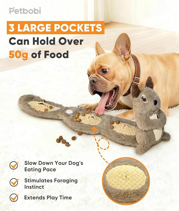 Petbobi Squeaky Dog Toy – Interactive Plush Squirrel Enrichment Toy with Treat-Hiding Pockets & Slow Feeder Puzzle for Small & Medium Dogs | Keeps Dogs Busy, Relieves Boredom & Anxiety