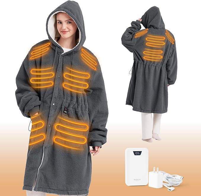 Bedsure Portable Heated Wearable Blanket Hoodie - Faux Cashmere Electric Blanket with 20000mAh Battery Pack, Cordless USB Heated Throw, Winter Gifts for Women, 4 Heat Levels & 4 Timers, 22"x43", Grey