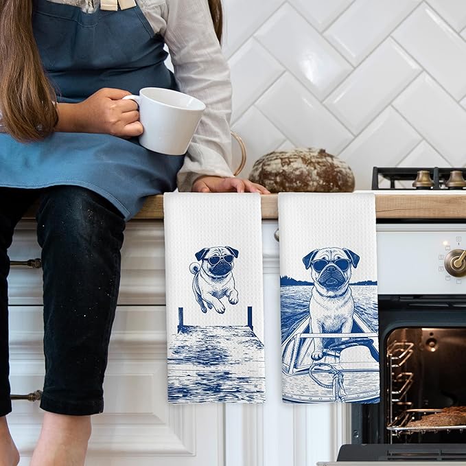 Lake House Decor Pug Kitchen Towels Set of 2, Summer Funny Lake Dog Coastal Bathroom Hand Towel, Dog Lover Gifts Tea Towel Dish Towels 16x24 Inch