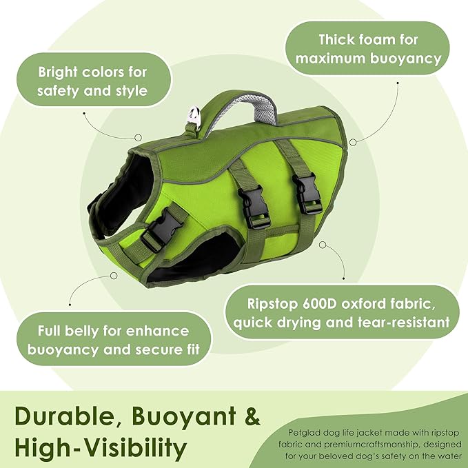 Dog Life Jacket, High Buoyancy Dog Life Vest with Handle for Swimming Boating, Adjustable Swimming Vest with Reflective Trim for Small Medium Large Dogs - Army Green, XL