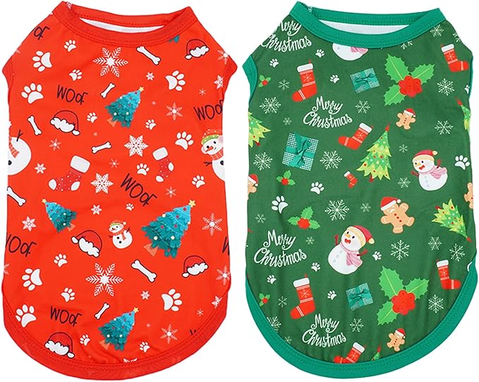 2pcs/Pack Christmas Dog Shirts Sleeveless Vest for Extra Large Dog Red Green Vest Light Soft Breathable Outfit Paw Print Snowman Christmas Tree Merry Boy and Girl XXXL