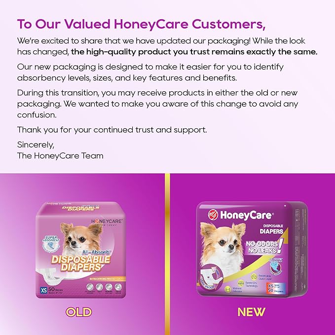HONEY CARE All-Absorb Disposable Female Dog Diapers Extra Small Size, Improved, 50 Count, Super Absorbent, Breathable, Wetness Indicator (Pack of 1, 50 Count Total)