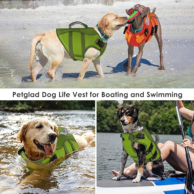 Dog Life Jacket, High Buoyancy Dog Life Vest with Handle for Swimming Boating, Adjustable Swimming Vest with Reflective Trim for Small Medium Large Dogs - Army Green, L