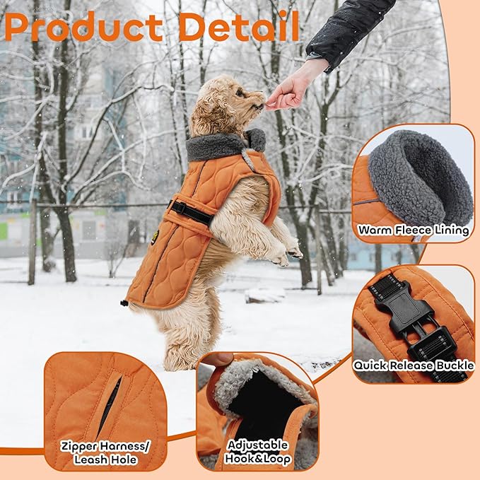 Dog Winter Coat, Adjustable Quilted Dog Snow Jacket with Fleece Lining, Water Resistant Pet Apparel for Cold Weather, Warm Large Doggie Coat with Leash Hole and Reflective Strip, NewOrange L