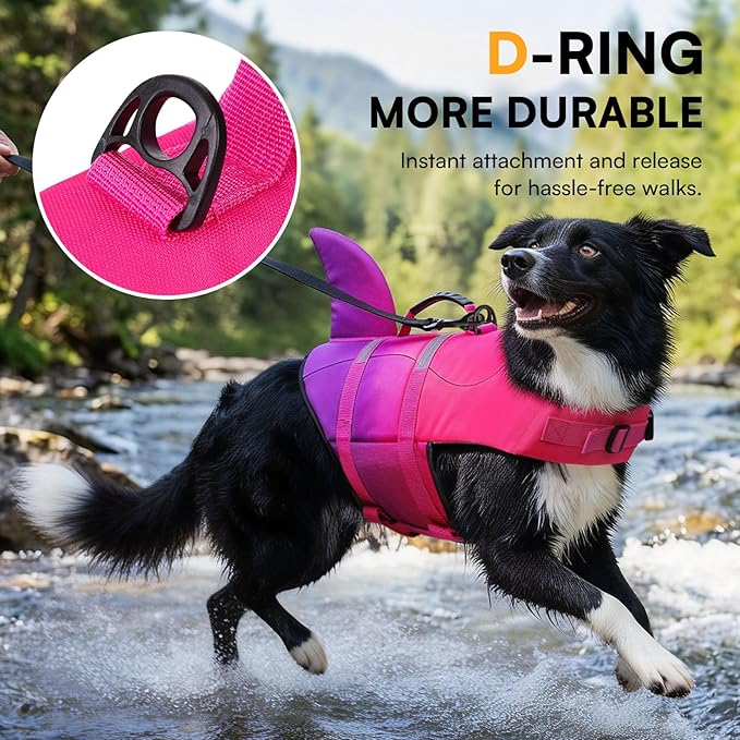Queenmore Dog Life Jacket High Flotation, Reflective Dog Life Vest for Swimming, Adjustable Dogs Life Preserver Rescue Handle Spring Summer Pool for Small, Medium, Large Dogs (Pink Purple,M)