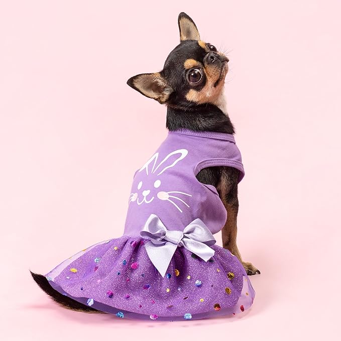 Fitwarm Easter Bunny Dog Dress, Holiday Dog Clothes for Small Dogs Girl, Pet Easter Outfit, Purple, White, Large