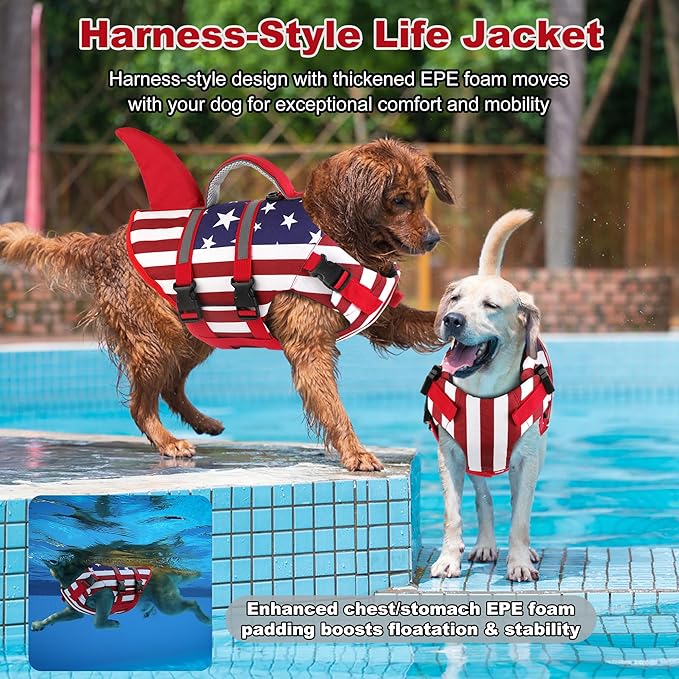 Dogcheer Harness-Style Dog Life Jacket Shark, Reflective American Flag Dog Life Vest for Swimming Boating, High Buoyancy Pet Swim Vest for Small Medium Large Dogs - USA Flag, L