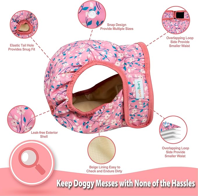 Langsprit Washable Female Dog Diapers - Doggie Reusable Diapers for Doggy Puppy Female in Period - Highly Absorbent Dog Heat Panties Flower-1 XL