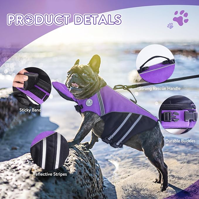 Dog Life Jacket, French Bulldog Life Vest for Swimming Boating, Dog Swim Vest with Chin Float and Rescue Handle, High Flotation Puppy Life Jackets (Chest Girth: 17" to 30", Weight: 17" to 28" LB)