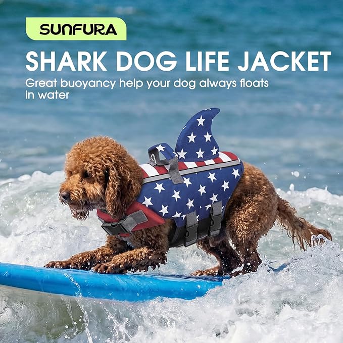 SUNFURA Dog Life Jacket Shark Life Vest for Dogs, Adjustable Swmming Vest with High Buoyancy, Safety Lifesaver with Rescue Handle for French Bulldog Small Medium Breeds, USAFlag2 S