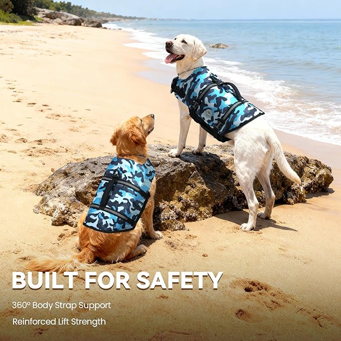 VIVAGLORY Rip Stop Dog Life Vest, Swimming Vest with Handle, Buoyancy for Doggy Puppy, Dog Life Jacket for Swimming & Boating, XS, Camo Blue