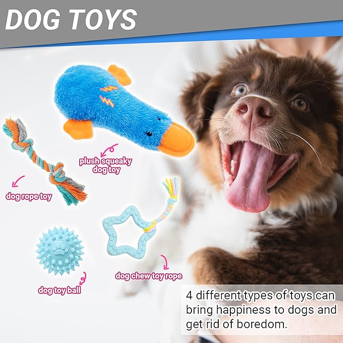 FLYSTAR Puppy Starter Kit for Small Dogs, 26 pcs Include Dog Toys, Collar and Leash, Training Clicker, Treat Bag, Poop Waste Bag with Dispenser, Blanket, Grooming Glove, Bowls, Toothbrush, etc
