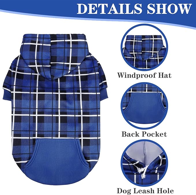 EXPAWLORER Plaid Dog Hoodie - British Style Warm Dog Sweater Shirt with Leash Hole,Pitbull Clothes Outfits,Winter Coat Apparel for All Breeds Puppy Girl Boy-Cat Apparel,Navy Blue Small