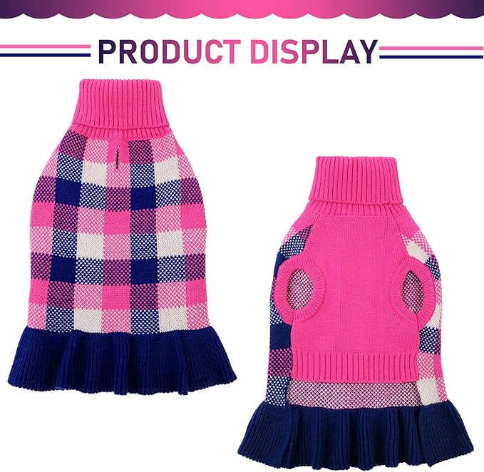 Dog Sweater Dress Plaid Knitwear for Small Medium Dogs Warm Puppy Pet Turtleneck Stretch Pullover Cute Fall Winter Vest Clothes with Leash Hole for Christmas (Navy, 2XL)
