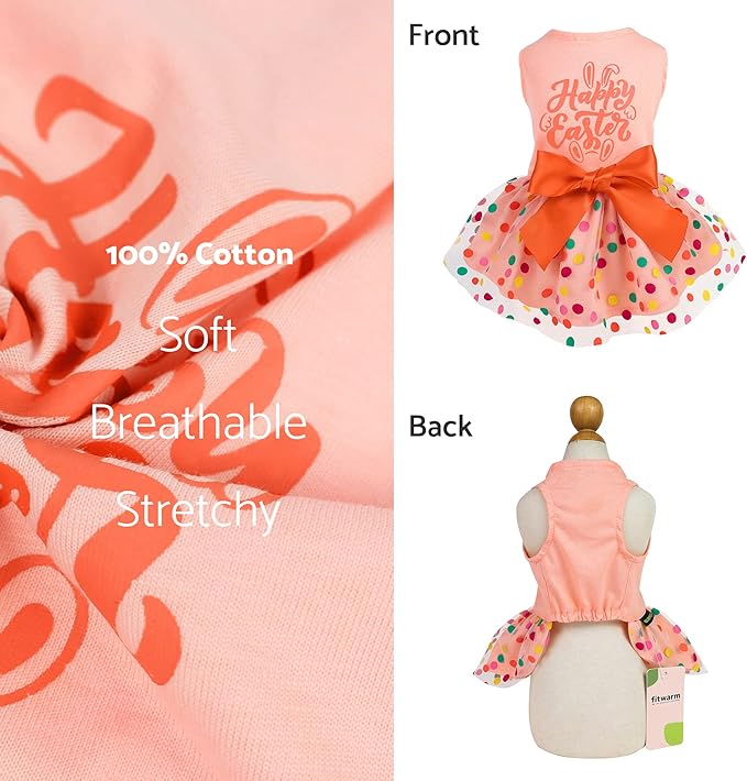 Fitwarm Happy Easter Day Dog Dress 100% Cotton Girl Dog Clothes Easter Bunny Dogs Dresses Pet Apparel Doggie Tutu with Bowknot Cat Clothing Puppy Dresses Doggy Costume Attire Orange Small