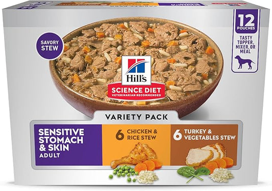 Hill's Science Diet Sensitive Stomach & Skin, Adult 1-6, Stomach & Skin Sensitivity Support, Wet Dog Food, Variety Pack: Chicken, Turkey Stew, 2.8 oz Pouch, Case of 12