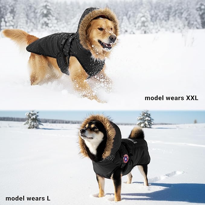 PAWNISAW Dog Winter Coat with Harness Built in, Warm Thick Plush Hooded Dog Snow Jacket for Cold Weather, Windproof Reflective Pet Clothes Outfit for Small, Medium, Large, XL & XXL Dogs Outdoor