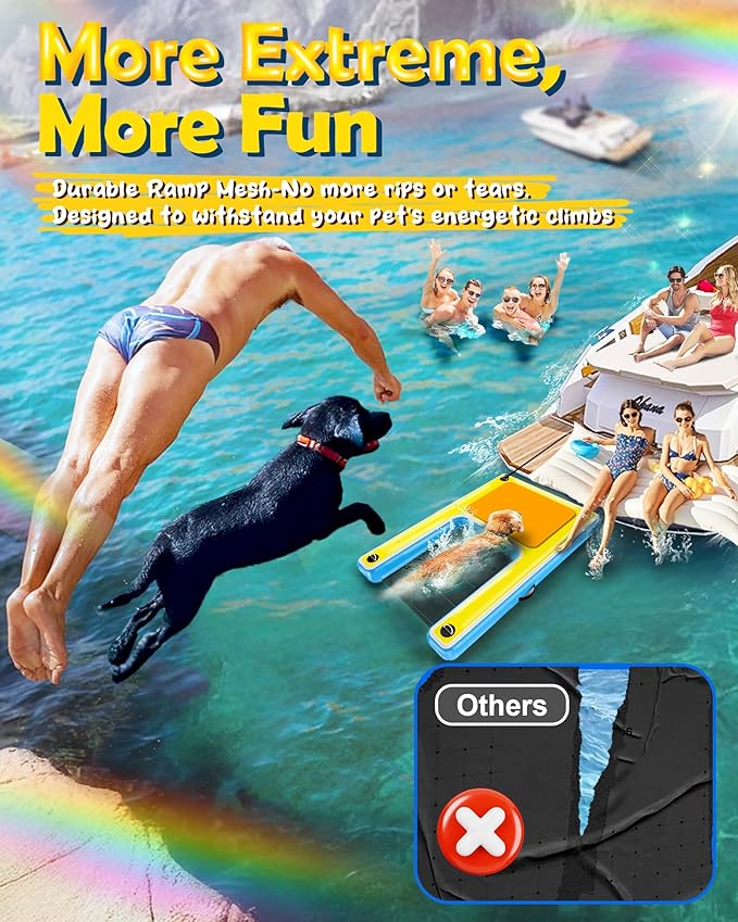 Upgrade Inflatable Dog Ramp,Multi-Use Dog Floats Ladder for Boat Pool Dock Lake,Non-Slip One-Piece Ramp Mesh Swimming Plank for Pup& Large Dogs Up to 240 lbs,Portable for Car Travel,Water Play