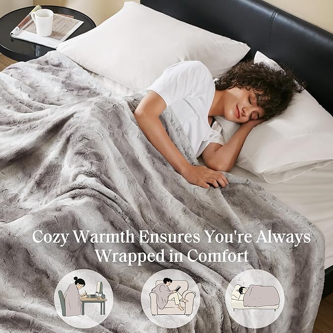 Madison Park Ultra-Soft Poly Fur Blanket Queen Size, Reversible Plush, All Season & Lightweight Queen Fuzzy Blanket for Bed, Couch & Sofa, Zuri, Full/Queen Grey