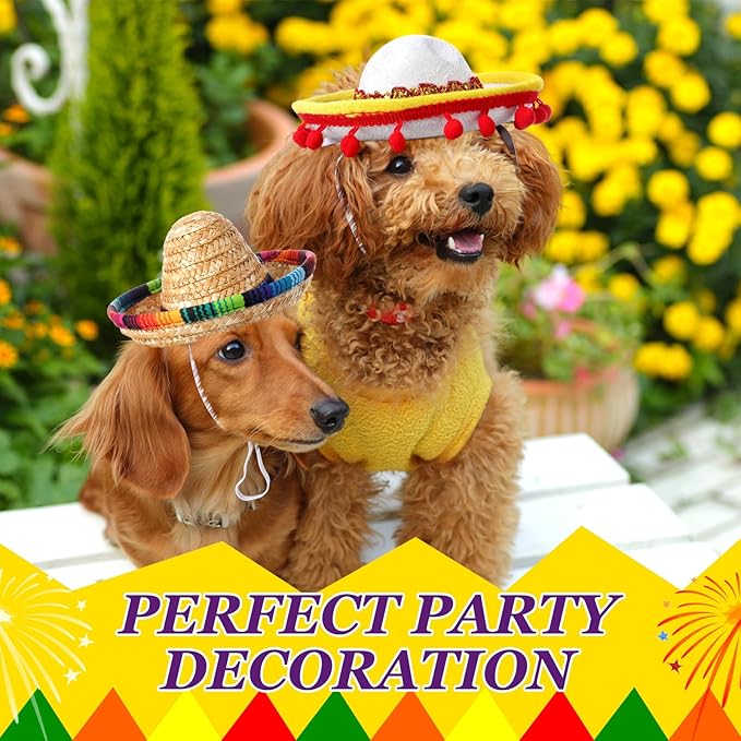 9 Pcs Pet Sombrero Hats Cinco de Mayo Adjustable Mexican Fiesta Dog Cat Straw Hat with Pom Pom Tassel for Small Medium Pets Mexican Party Costume