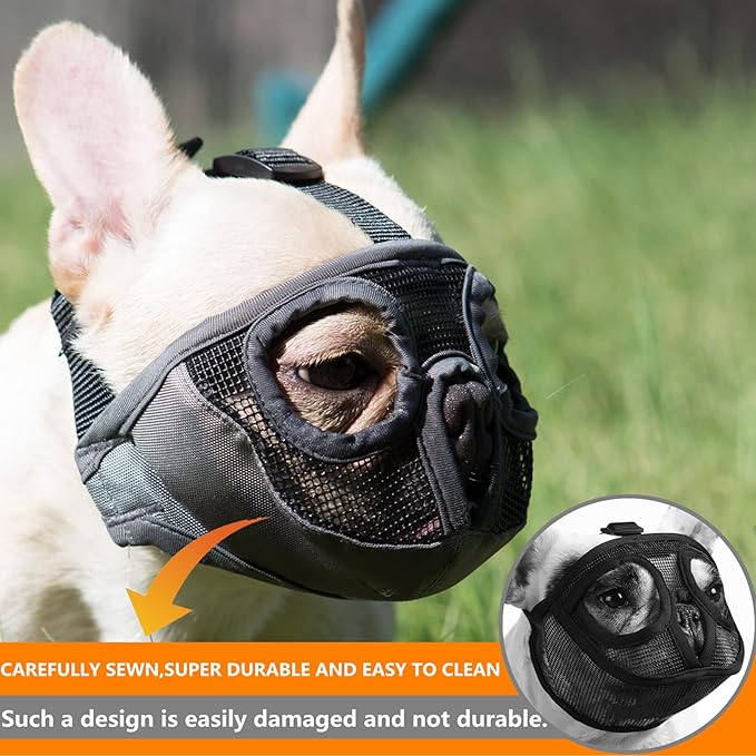Short Snout Dog Muzzles- Adjustable Breathable Mesh Bulldog Muzzle for Biting Chewing Barking Training Grooming Dog Mask,Black XL