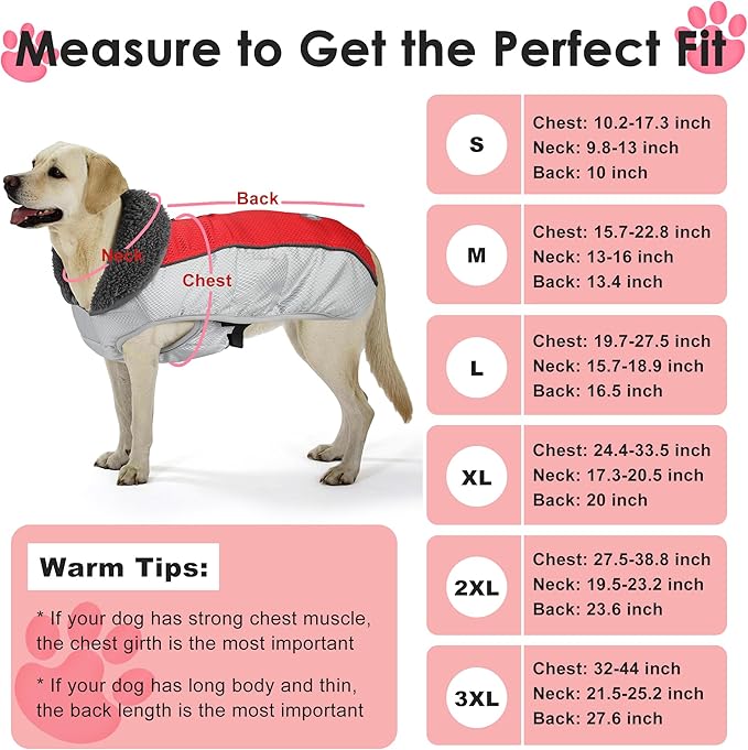 Dog Coat, Waterproof Ripstop Dog Winter Jacket with Leash Hole, Reflective Adjustable Warm Pet Fleece Snow Sweater for Small Medium Large Dogs - Red, S