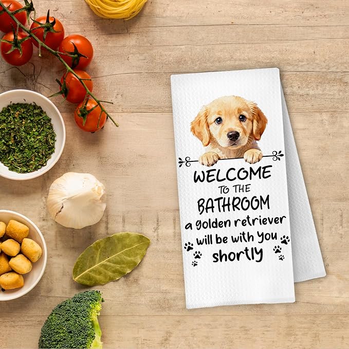 Funny Golden Retriever Dog Bathroom Hand Towels, Gifts for Golden Retriever Lovers, Welcome to The Bathroom Decorative Hand Towels for Bath Room Toilet Washroom Restroom, 16x24 Inch