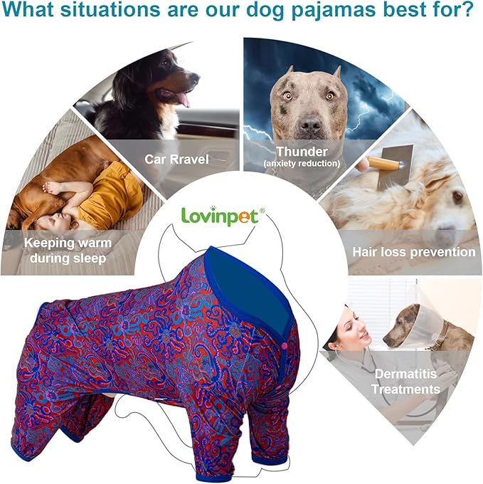 LovinPet Male Large Dog Bodysuit, Dog Pajamas, Lightweight Stretchy Fabric, Red Octopus Print, Uv Protection, Pjs for Pitbulls, Onesies for Dogs, Pajamas for Giant Breed Dogs, Medium
