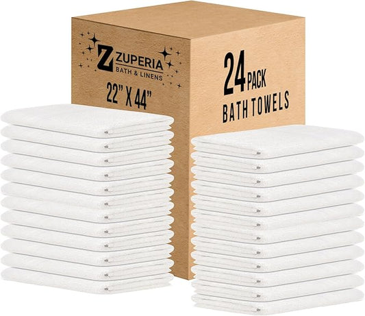 ZUPERIA White Bath Towels Bulk 24 Pack (22 x 44 Inches) - 100% Cotton Economy Light Weight Towels for Commercial Use - Quick Dry, Ultra-Soft, and Absorbent Bulk Towels