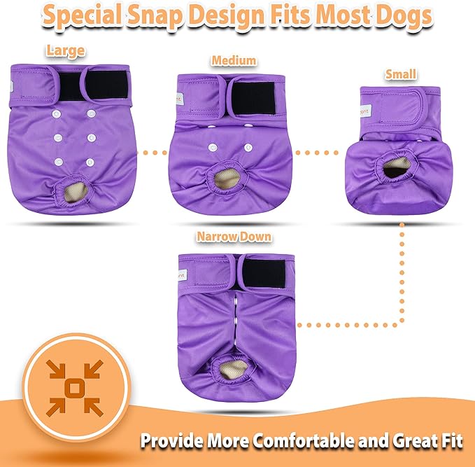 Langsprit Washable Female Dog Diapers (3 Pack) - No Leak Reusable Diapers for Doggy Female in Period - Highly Absorbent Dog Heat Panties with Adjustable Snaps (Black, Pink, Purple, Medium)