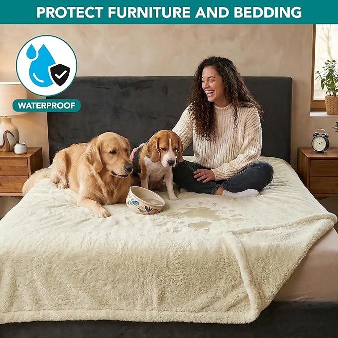 PetAmi Fluffy Waterproof Dog Blanket for Medium Large Dogs, Soft Warm Pet Sherpa Throw Pee Proof Couch Cover, Reversible Cat Bed Blanket Sofa Protector, Plush Washable Pad (Beige Cream, 40x60)