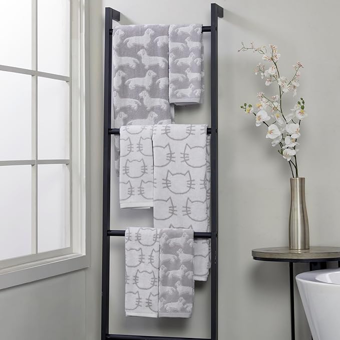 SKL Home Cat Hand Towel 2pc Set for Bath/Kitchen/Bar & Gift, White/Gray