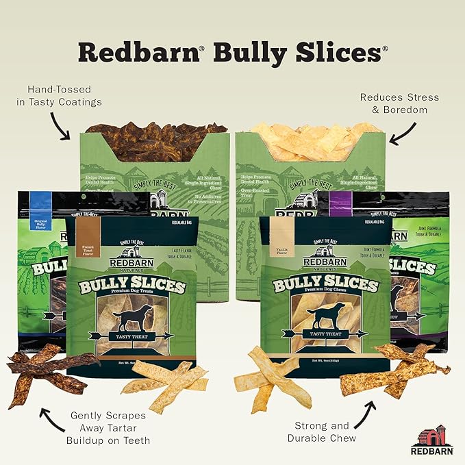 Redbarn Pet Products All-Natural Rawhide Bully Slices - Bully Stick Flavor - Premium Grain-Free Beef Hide Treats High Protein Low Fat for Chewers - 9 oz Bag