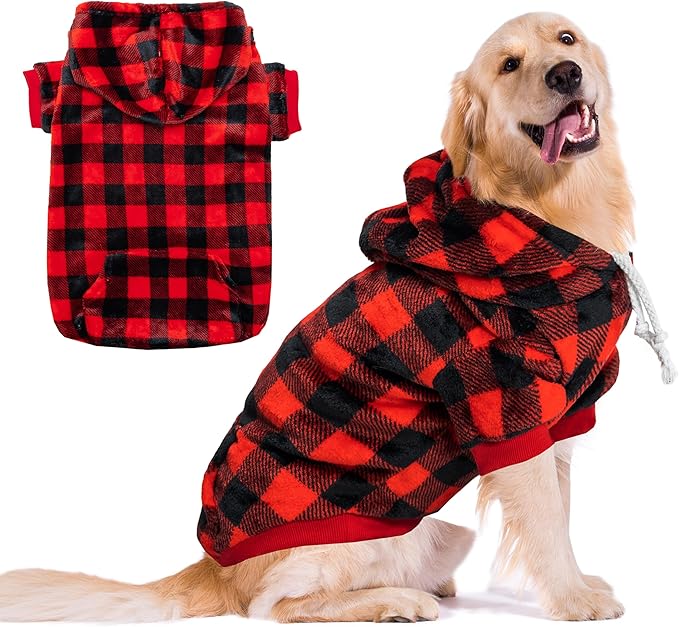 Dog Hoodie for Large Meidum Small Dogs, Winter Plaid Fleece Warm Hooded Dog Hoodies Christmas Pet Sweatshirt Clothes with Pockets for Cold Weather (S-XXL)