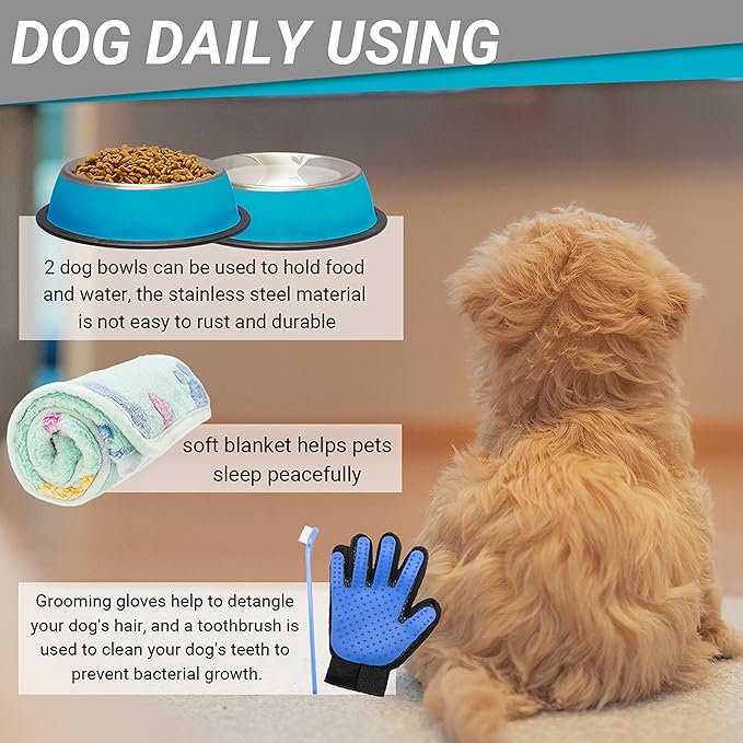 FLYSTAR Puppy Starter Kit for Small Dogs, 26 pcs Include Dog Toys, Collar and Leash, Training Clicker, Treat Bag, Poop Waste Bag with Dispenser, Blanket, Grooming Glove, Bowls, Toothbrush, etc