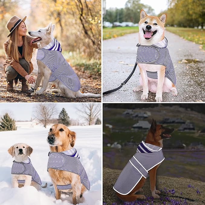 Dog Raincoat for Small Dogs Puppies Waterproof Jacket Hooded Rain Coats with Reflective Strips Leash Hole & Poncho Adjustable Fit (Bluestripe,S)