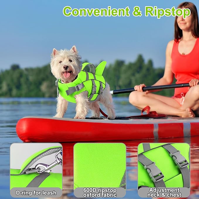Dogcheer Shark Fin Dog Life Jacket, Adjustable Dog Harness Life Vest for Swimming Boating, Reflective Puppy Swim Vest Pet Flotation Device for Small Medium Large Dogs - Green,XS