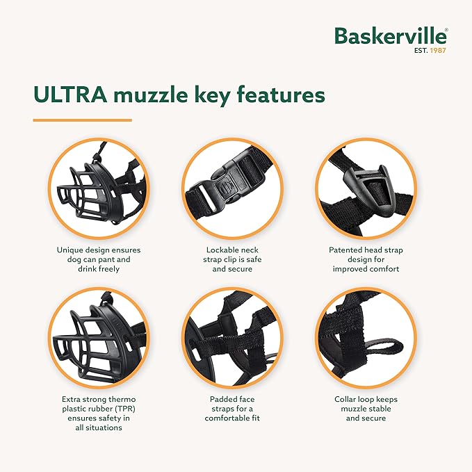 Baskerville ULTRA Muzzle - Patented Humane Design, Breathable, Dog can Pant and Drink, Adjustable, Padded, Dog Training Muzzle for Large Dogs, Prevents Biting, Wildlife Scavenging (Size 6, Black)