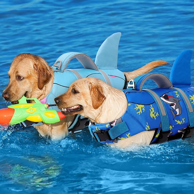 AOFITEE Dog Life Jacket Large, Shark Dog Life Vest for Swimming Boating, High Flotation Reflective Dogs Swimming Vest Lifesaver with Rescue Handle, Pet Swimsuit for Small Medium Large Dogs, L