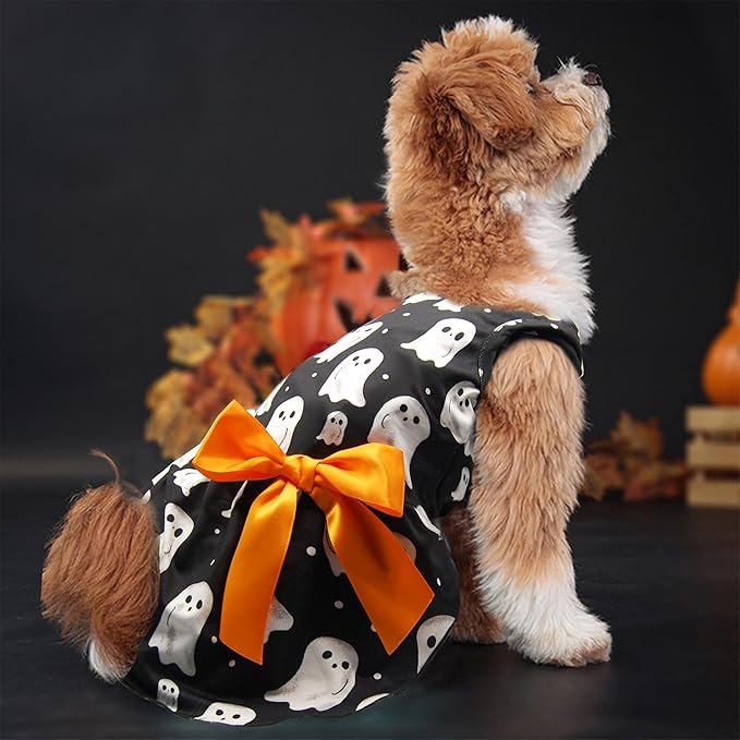 Halloween Dog Dress Ghost Print Pet Costume with Orange Bow Soft Fabric 5 Sizes for Small & Medium Dogs Cute & Comfortable Holiday Outfit