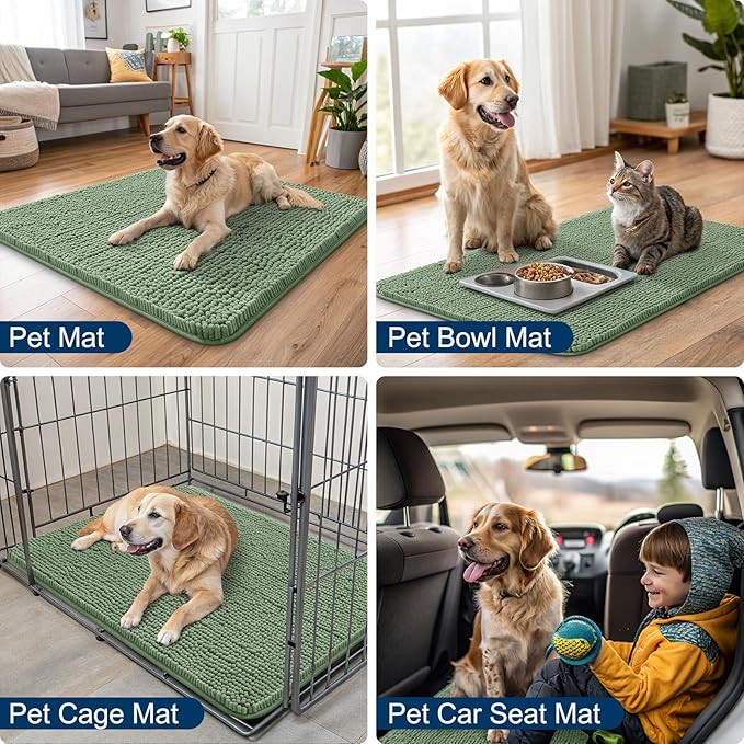 Smiry Dog Door Mat for Muddy Paws 47x32, Absorbs Moisture and Dirt Doormat, Non-Slip Washable Quick Dry Chenille Front Door Mat Indoor Entrance, Entryway Carpet for Inside Floor, Olive Green