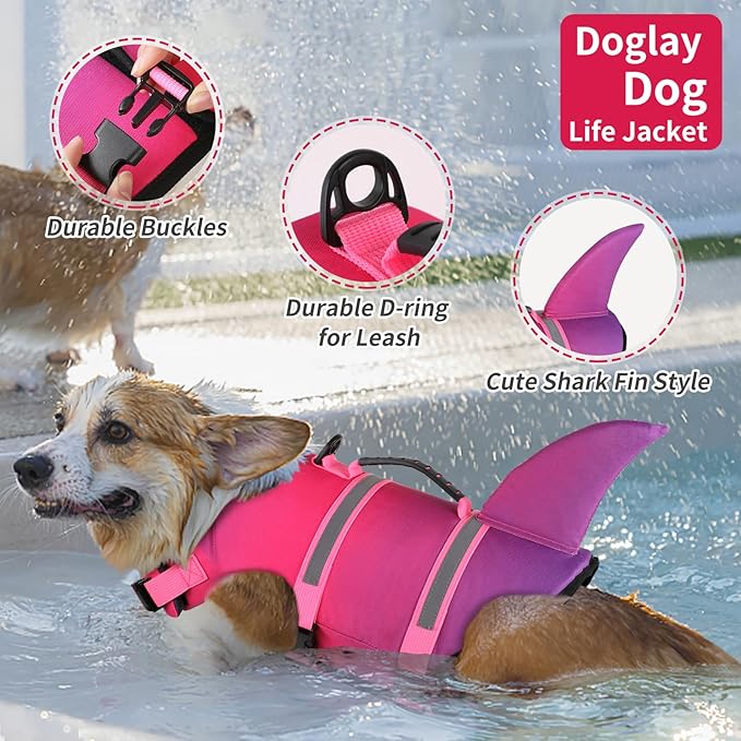 Doglay Dog Life Jacket, Ripstop Cute Shark Dog Life Jacket with Superior Buoyancy and Rescue Handle, Adjustable Dog Life Vests for Swimming Boating, Pet Flotation Vest for Small Medium Large Dogs