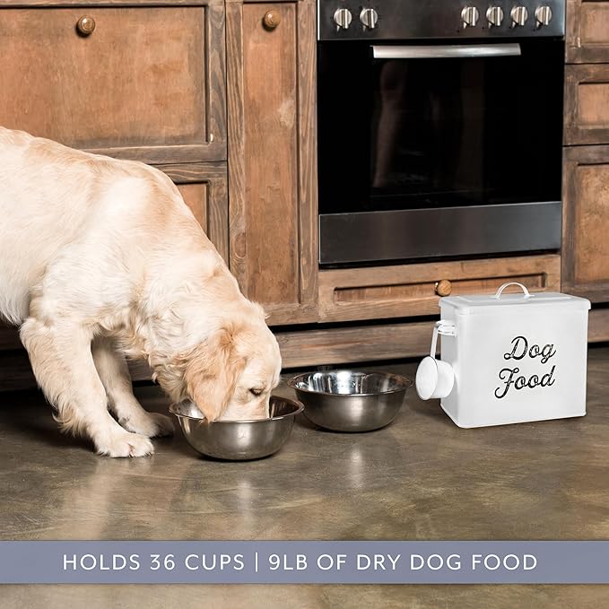 AuldHome Design Rustic Dog Food Canister, White Farmhouse Style Storage Bin for Small Dogs